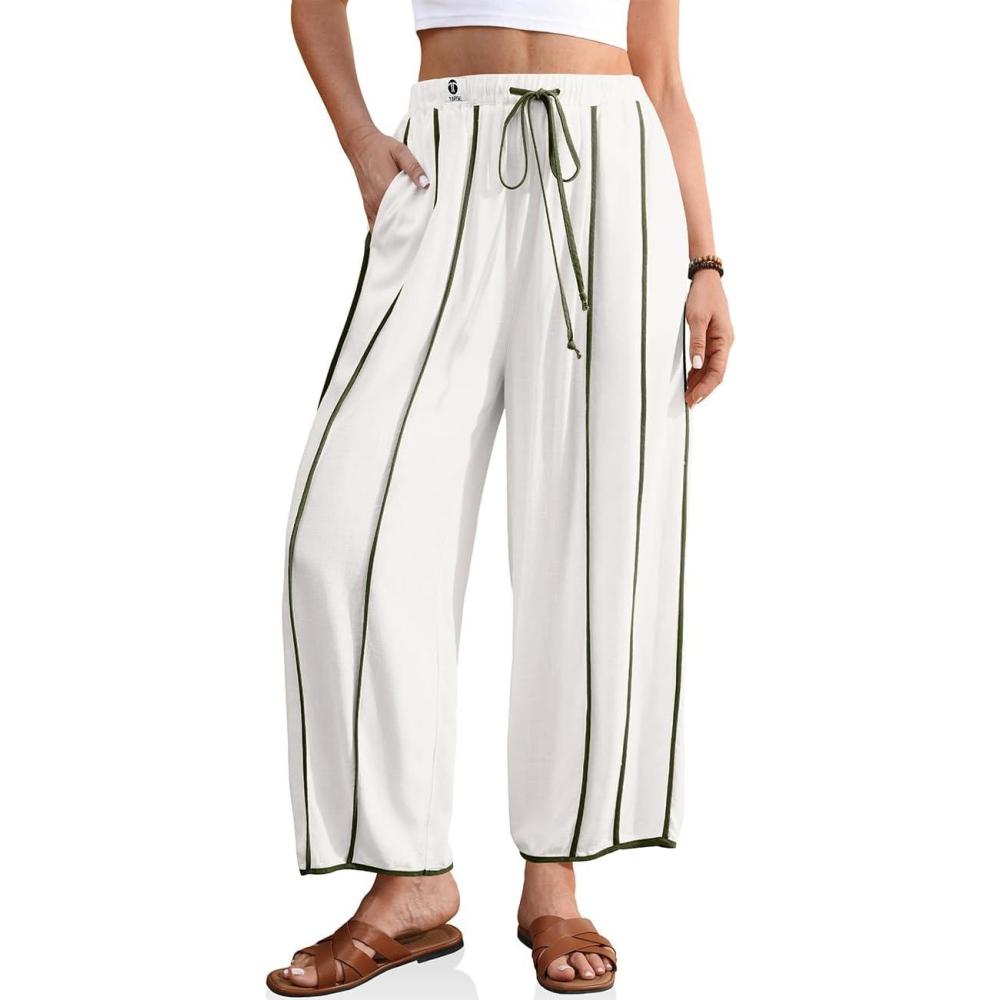 image:imageTARSE Womens Linen Harem Pants Loose Casual Wide Leg Summer Boho Beach Travel Vacation Palazzo Pants with PocketsWhite Green Striped