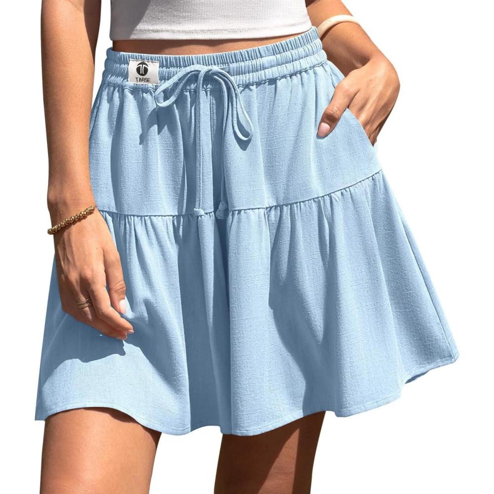 image:imageTARSE Womens Linen Skirt Pants Wide Leg Flowy Shorts Drawstring Loose Fit Summer Casual Lightweight Comfy Vacation WearAqua Blue