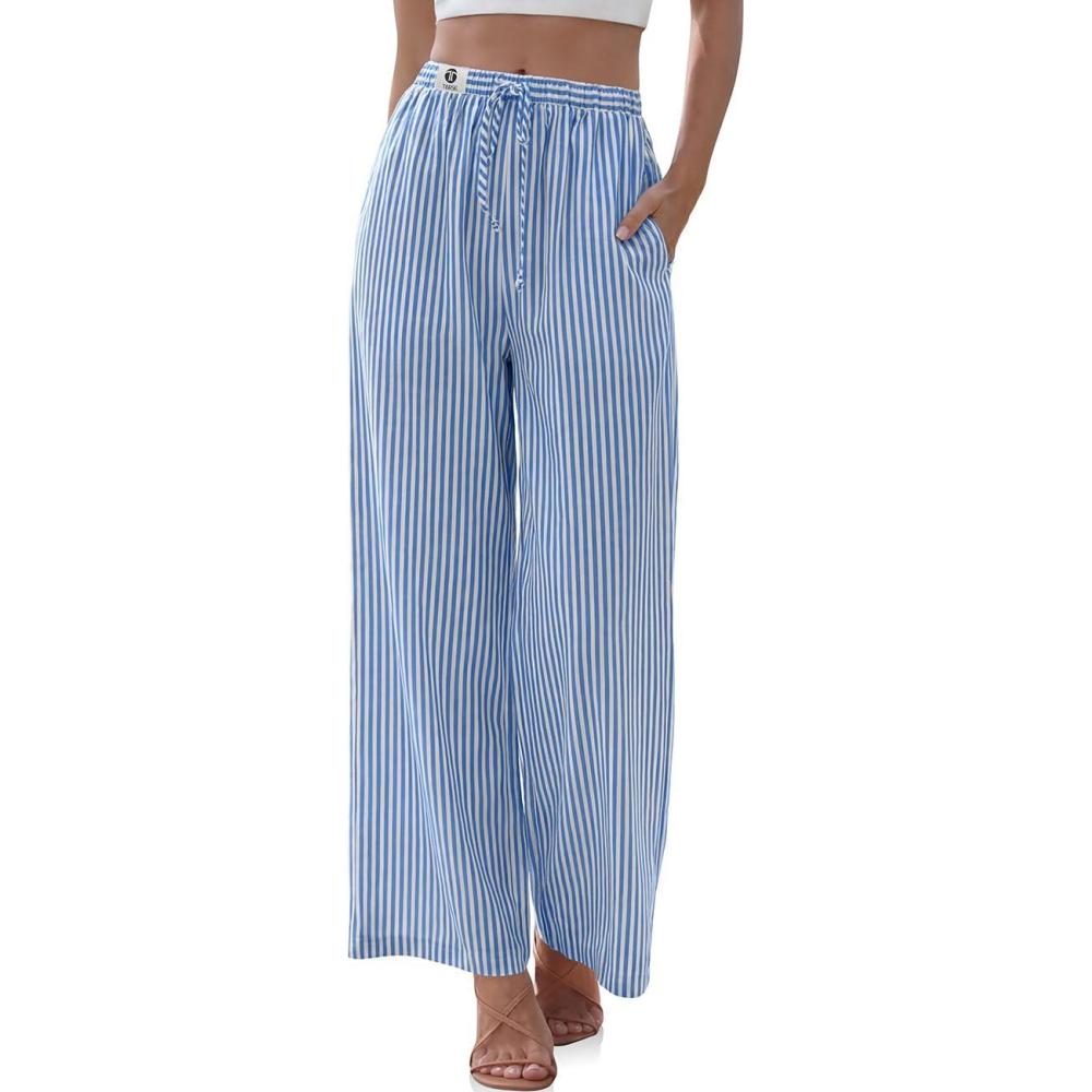image:imageTARSE Womens Linen Striped Gingham Wide Leg Pants Palazzo Drawstring Lounge Pants Casual Trousers with PocketsBlue Striped