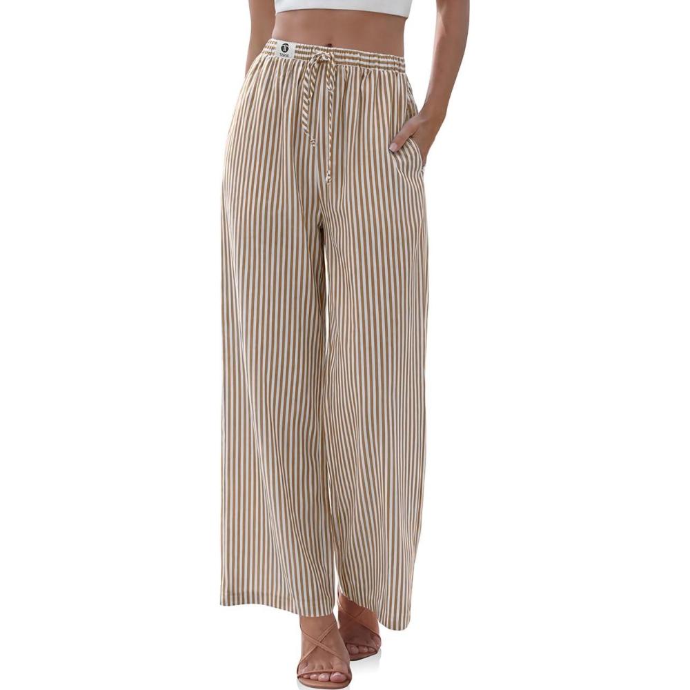 image:imageTARSE Womens Linen Striped Gingham Wide Leg Pants Palazzo Drawstring Lounge Pants Casual Trousers with PocketsCoffeewhite Striped
