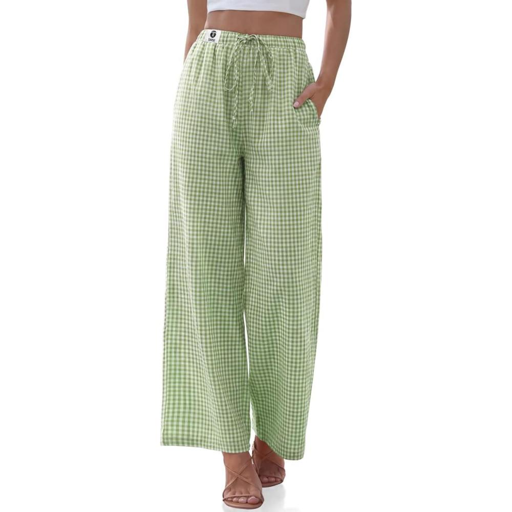 image:imageTARSE Womens Linen Striped Gingham Wide Leg Pants Palazzo Drawstring Lounge Pants Casual Trousers with PocketsGreenwhite Plaid