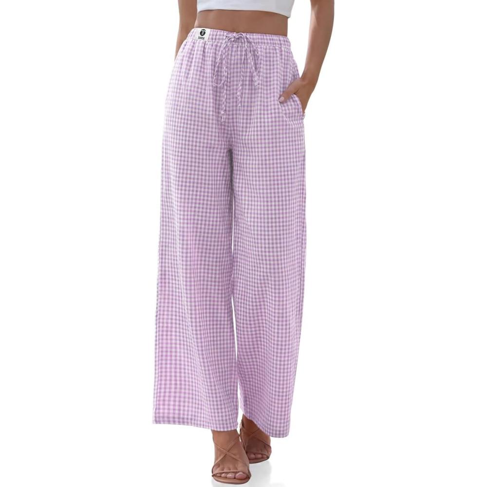 image:imageTARSE Womens Linen Striped Gingham Wide Leg Pants Palazzo Drawstring Lounge Pants Casual Trousers with PocketsPurplewhite Plaid