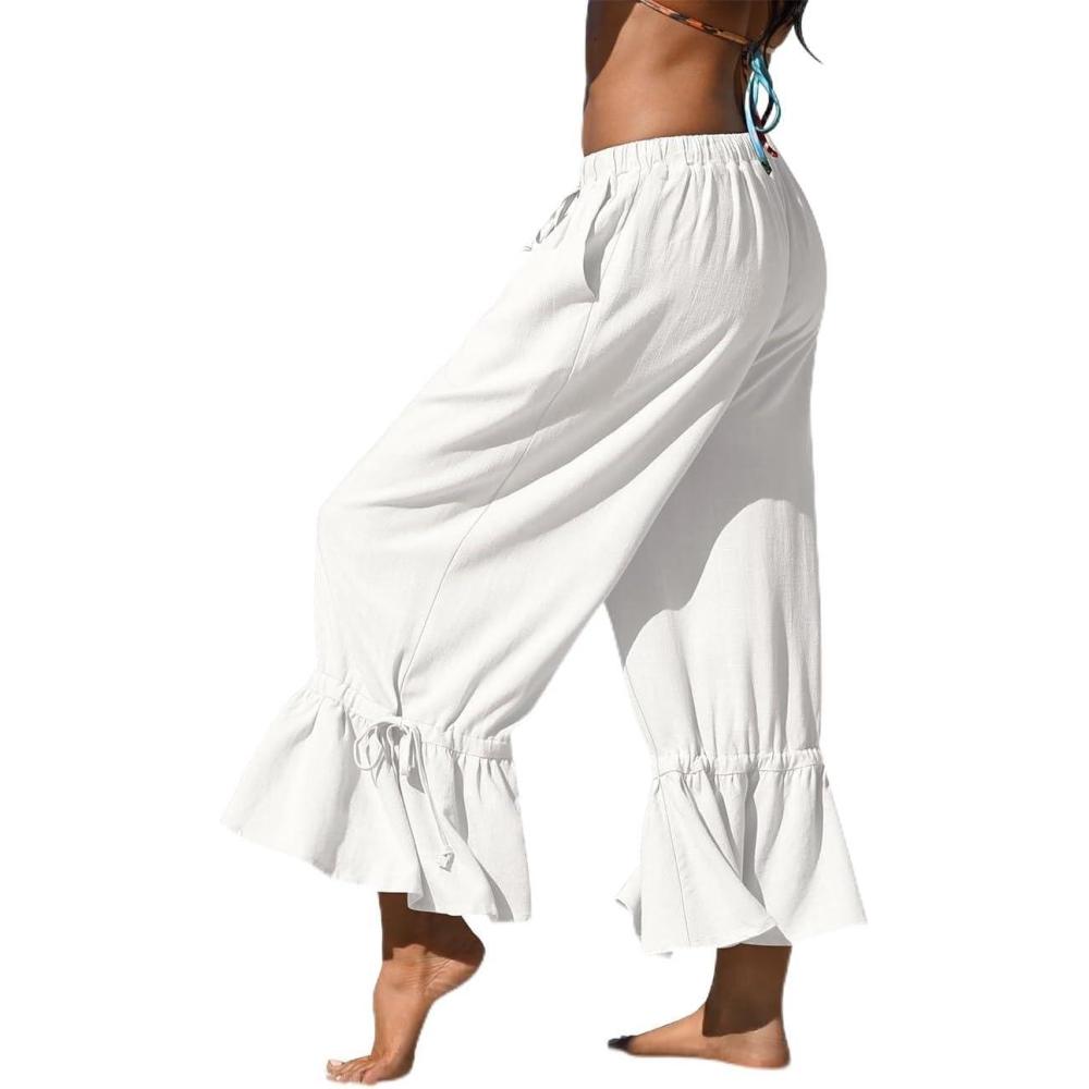 image:imageTARSE Womens Linen Wide Leg Pants Casual Cropped Ruffle with Ties Palazzo Flowy Drawstring Loose Cute Pants with PocketsWhite