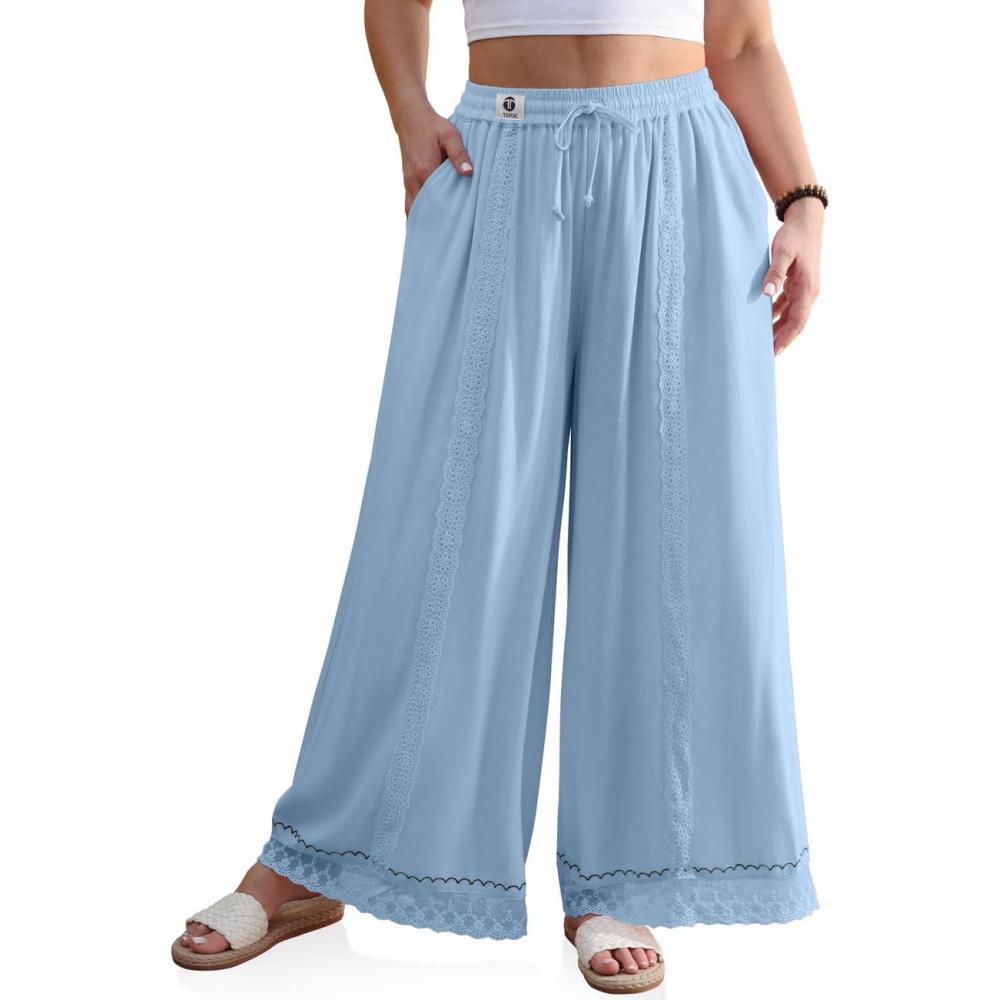 image:imageTARSE Womens Linen Wide Leg Pants Loose Boho Lounge Beach Vacation Flowy Lace Summer Pants with PocketAuqa Blue