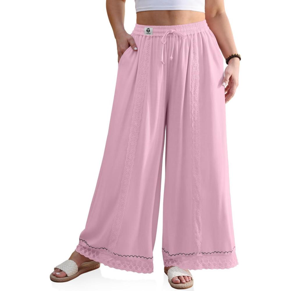 image:imageTARSE Womens Linen Wide Leg Pants Loose Boho Lounge Beach Vacation Flowy Lace Summer Pants with PocketPeach Pink