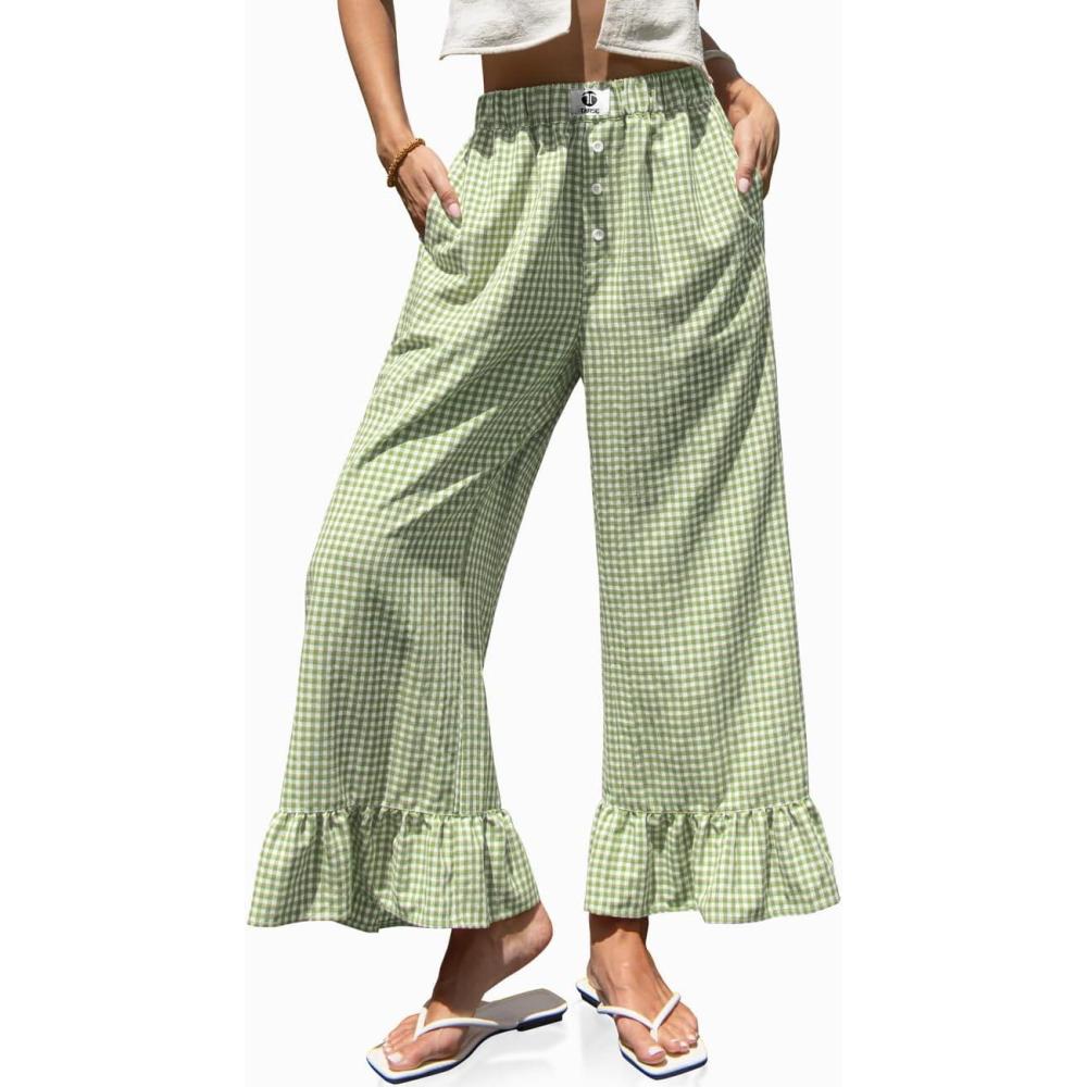 image:imageTARSE Womens Plaid Wide Leg Pants Flared Leg Baggy Drawstring Ruffle Palazzo Pants with PocketsGreen White Plaid