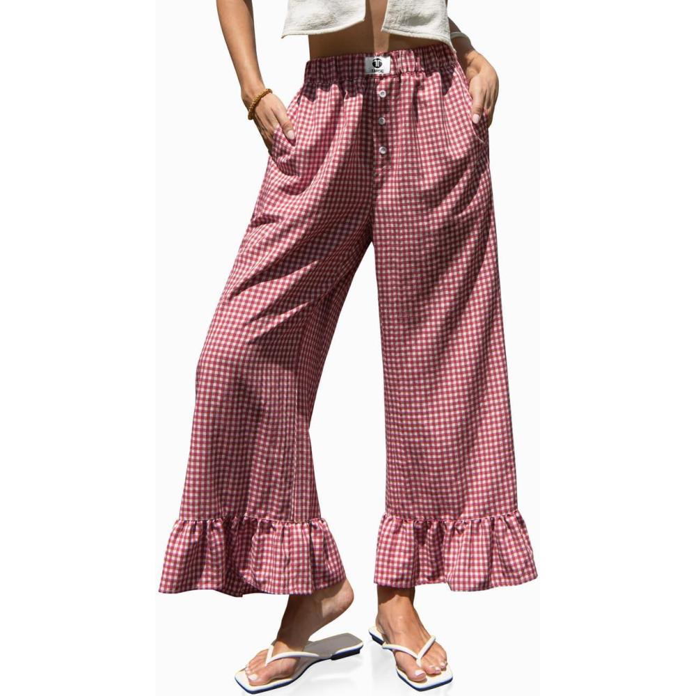 image:imageTARSE Womens Plaid Wide Leg Pants Flared Leg Baggy Drawstring Ruffle Palazzo Pants with PocketsRed White Plaid