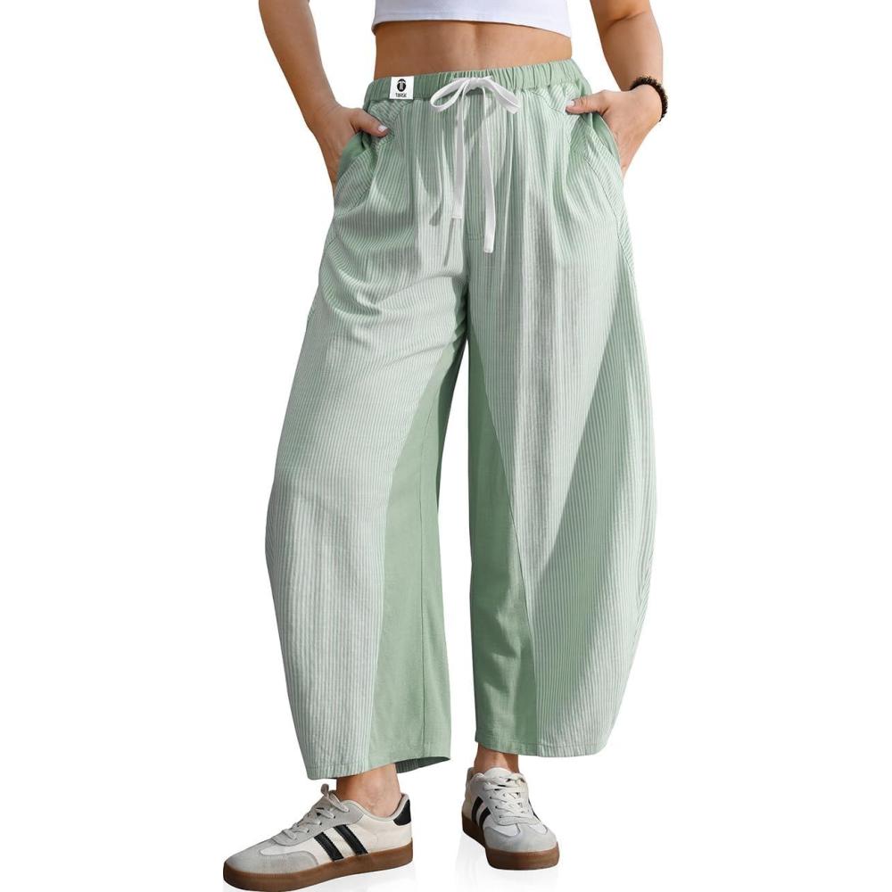 image:imageTARSE Womens Wide Leg Barrel Pants Striped Drawstring Elastic Waist Loose Fit Summer Boho Casual Trendy Pants with PocketsLight Army Green