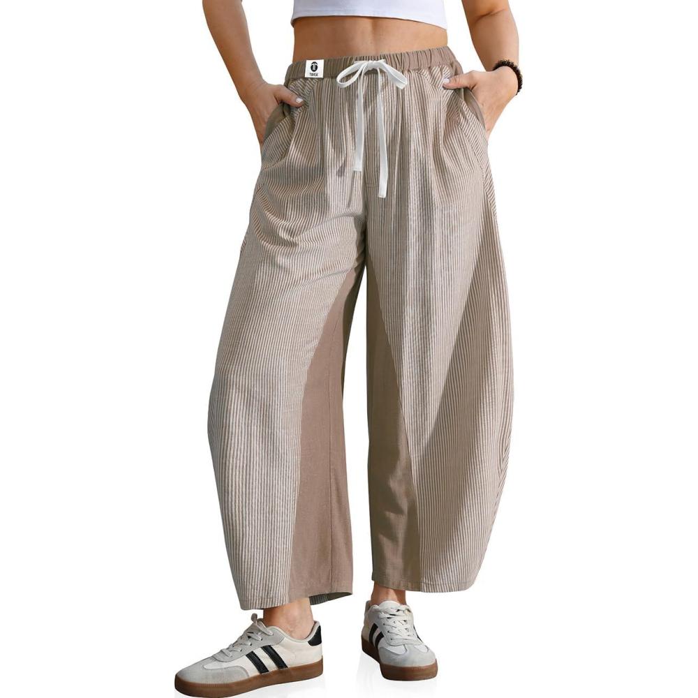 image:imageTARSE Womens Wide Leg Barrel Pants Striped Drawstring Elastic Waist Loose Fit Summer Boho Casual Trendy Pants with PocketsMid Coffee
