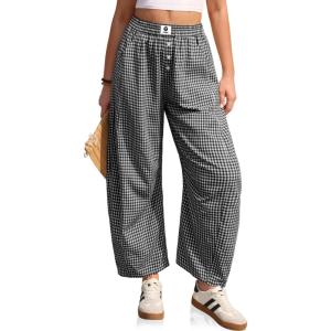 TARSE Gingham Pants Women Barrel Loose Wide Leg Checkered Casual Linen Plaid Trousers with Pockets(Black White Plaid)