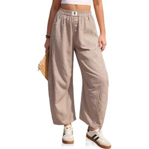 TARSE Gingham Pants Women Barrel Loose Wide Leg Checkered Casual Linen Plaid Trousers with Pockets(Coffee White Plaid)