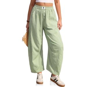 TARSE Gingham Pants Women Barrel Loose Wide Leg Checkered Casual Linen Plaid Trousers with Pockets(Green White Plaid)