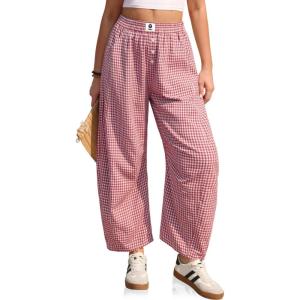 TARSE Gingham Pants Women Barrel Loose Wide Leg Checkered Casual Linen Plaid Trousers with Pockets(Red White Plaid)
