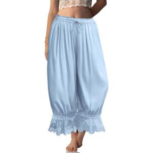 TARSE Women Linen Lace Trim Long Bloomers Pants Ruffle Victorian Vintage Pantaloons Summer Beach Travel Vacation Pants(Aqua Blue)