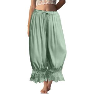 TARSE Women Linen Lace Trim Long Bloomers Pants Ruffle Victorian Vintage Pantaloons Summer Beach Travel Vacation Pants(Light Army Green)