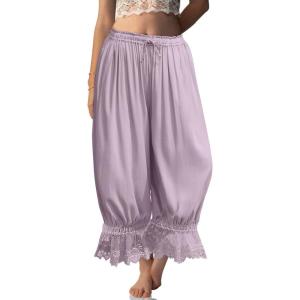 TARSE Women Linen Lace Trim Long Bloomers Pants Ruffle Victorian Vintage Pantaloons Summer Beach Travel Vacation Pants(Light Purple)