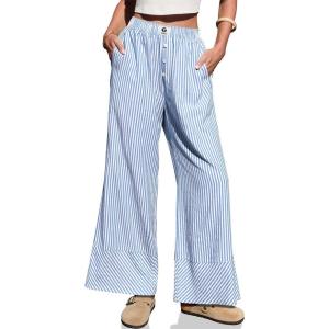TARSE Womens Gingham Striped Linen Pants Wide Leg Casual Cute Pajama Lounge Bottoms Plaid Trousers with Pockets(Blue Striped)