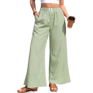 TARSE Womens Gingham Striped Linen Pants Wide Leg Casual Cute Pajama Lounge Bottoms Plaid Trousers with Pockets(Green White Plaid)