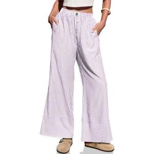 TARSE Womens Gingham Striped Linen Pants Wide Leg Casual Cute Pajama Lounge Bottoms Plaid Trousers with Pockets(Purple White Striped)