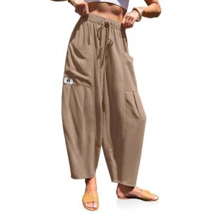 TARSE Womens Linen Harem Pants Elastic Waist Drawstring Loose Fit Baggy Casual Pants with Pockets(Mid Coffee)