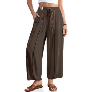 TARSE Womens Linen Harem Pants Loose Casual Wide Leg Summer Boho Beach Travel Vacation Palazzo Pants with Pockets(Dark Light Coffee Striped)