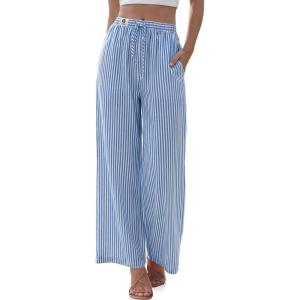TARSE Womens Linen Striped Gingham Wide Leg Pants Palazzo Drawstring Lounge Pants Casual Trousers with Pockets(Blue Striped)