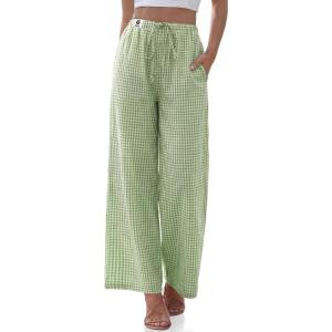 TARSE Womens Linen Striped Gingham Wide Leg Pants Palazzo Drawstring Lounge Pants Casual Trousers with Pockets(Greenwhite Plaid)