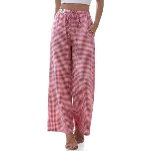 TARSE Womens Linen Striped Gingham Wide Leg Pants Palazzo Drawstring Lounge Pants Casual Trousers with Pockets(Redwhite Plaid)