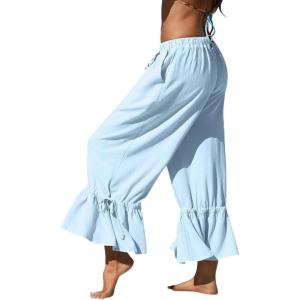 TARSE Womens Linen Wide Leg Pants Casual Cropped Ruffle with Ties Palazzo Flowy Drawstring Loose Cute Pants with Pockets(Aqua Blue)