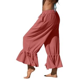 TARSE Womens Linen Wide Leg Pants Casual Cropped Ruffle with Ties Palazzo Flowy Drawstring Loose Cute Pants with Pockets(Rust Red)