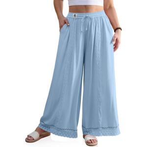 TARSE Womens Linen Wide Leg Pants Loose Boho Lounge Beach Vacation Flowy Lace Summer Pants with Pocket(Auqa Blue)