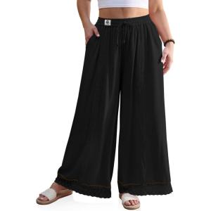 TARSE Womens Linen Wide Leg Pants Loose Boho Lounge Beach Vacation Flowy Lace Summer Pants with Pocket(Black)