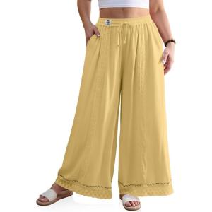 TARSE Womens Linen Wide Leg Pants Loose Boho Lounge Beach Vacation Flowy Lace Summer Pants with Pocket(Creamy Yellow)
