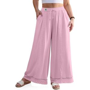 TARSE Womens Linen Wide Leg Pants Loose Boho Lounge Beach Vacation Flowy Lace Summer Pants with Pocket(Peach Pink)