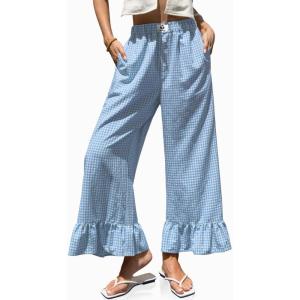 TARSE Women’s Plaid Wide Leg Pants Flared Leg Baggy Drawstring Ruffle Palazzo Pants with Pockets(Blue White Plaid)