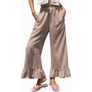 TARSE Women’s Plaid Wide Leg Pants Flared Leg Baggy Drawstring Ruffle Palazzo Pants with Pockets(Coffee White Plaid)