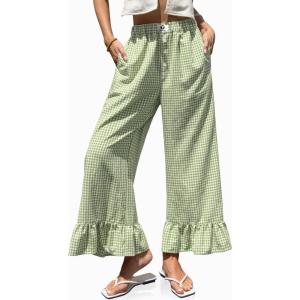 TARSE Women’s Plaid Wide Leg Pants Flared Leg Baggy Drawstring Ruffle Palazzo Pants with Pockets(Green White Plaid)