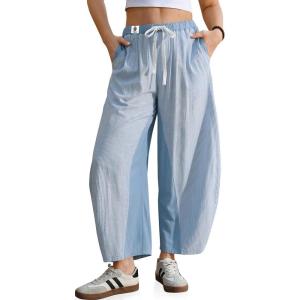 TARSE Womens Wide Leg Barrel Pants Striped Drawstring Elastic Waist Loose Fit Summer Boho Casual Trendy Pants with Pockets(Light Blue)