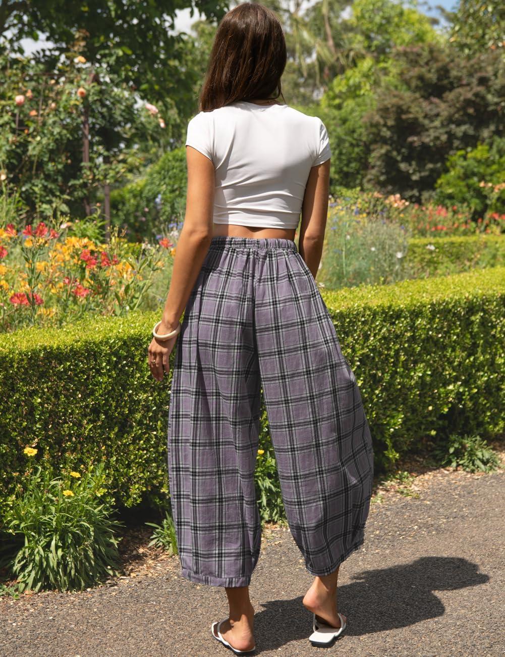image:imageTARSE Women Cotton Linen Wide Leg Pants Plaid Loose Harem Pants Palazzo Casual Boho Summer Capri with PocketsLight Purple Plaid
