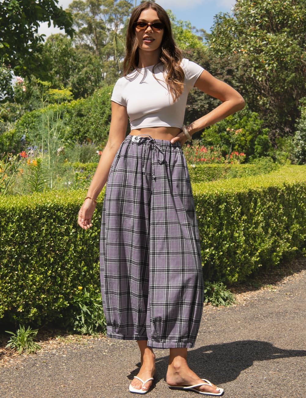 image:imageTARSE Women Cotton Linen Wide Leg Pants Plaid Loose Harem Pants Palazzo Casual Boho Summer Capri with PocketsLight Purple Plaid
