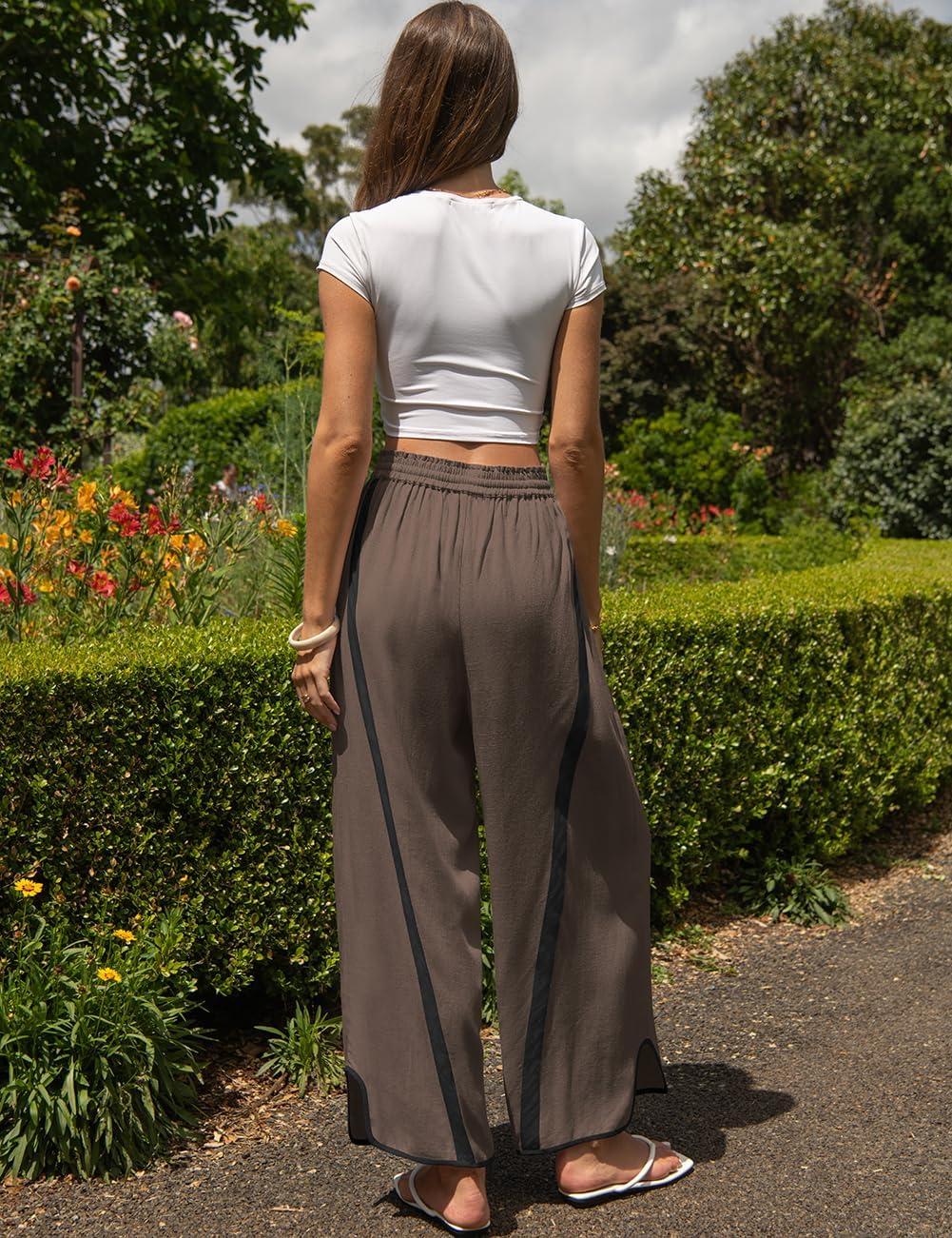 image:imageTARSE Womens Linen Wide Leg Pants Baggy Casual Drawstring Elastic Waisted Contrast Color Loose Y2K Pants with PocketDark Coffee
