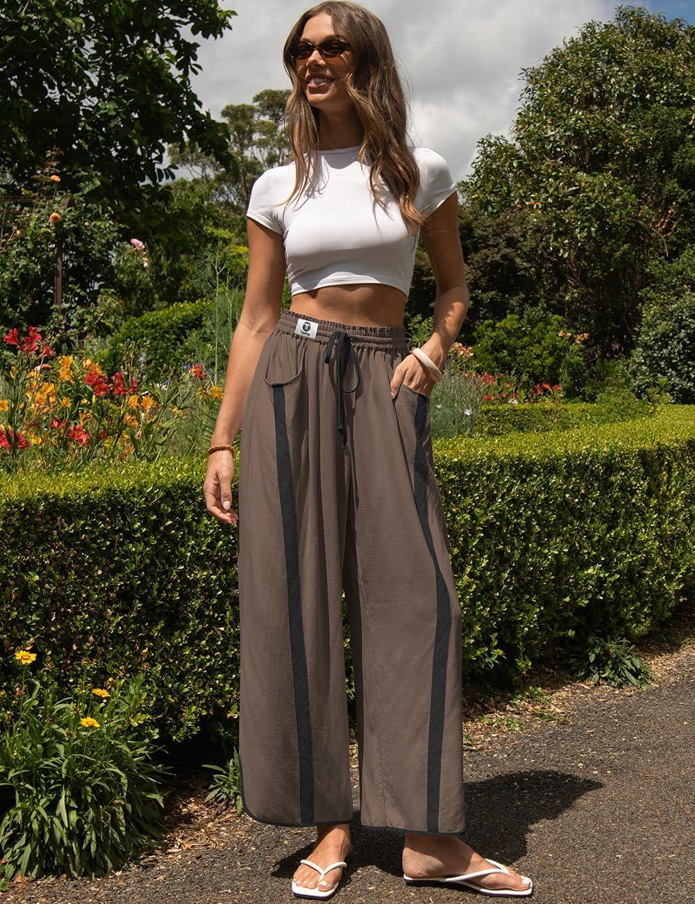 image:imageTARSE Womens Linen Wide Leg Pants Baggy Casual Drawstring Elastic Waisted Contrast Color Loose Y2K Pants with PocketDark Coffee