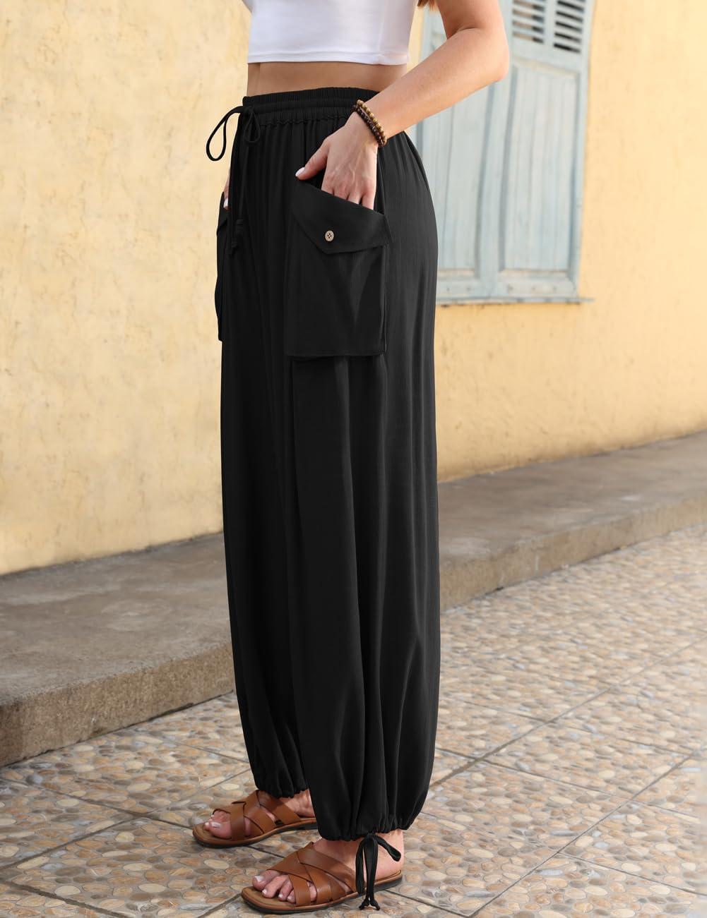image:imageTARSE Womens Linen Wide Leg Pants Casual Loose Drawstring Palazzo Trousers Beach Boho Summer Travel PantsBlack