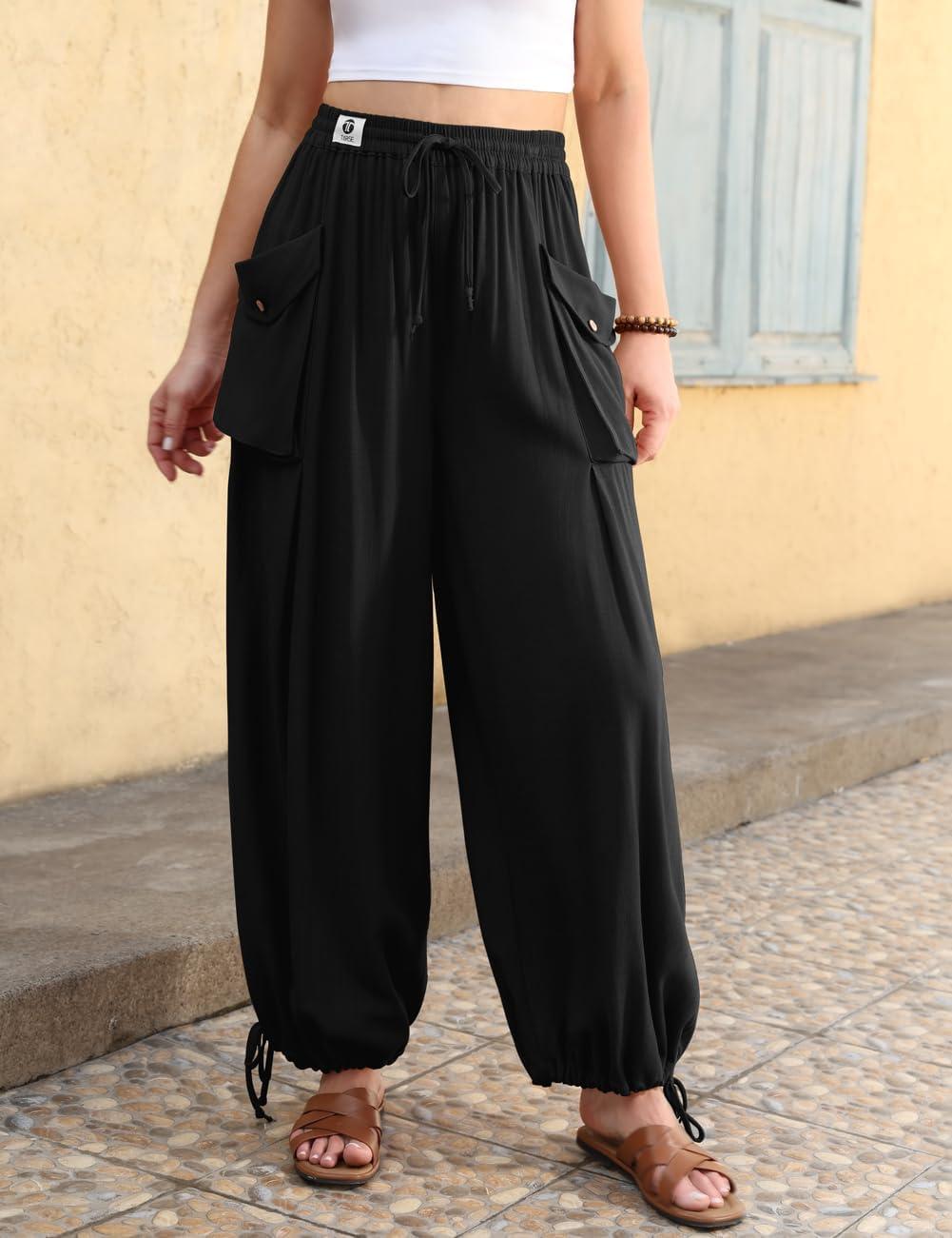 image:imageTARSE Womens Linen Wide Leg Pants Casual Loose Drawstring Palazzo Trousers Beach Boho Summer Travel PantsBlack
