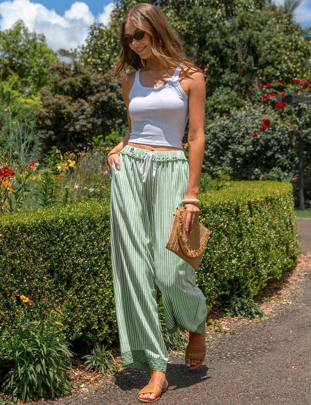 image:imageTARSE Womens Striped Lounge Pants Wide Leg Loose Fit Drawstring Casual Boho Summer Vacation Beach PantsGreen White Striped