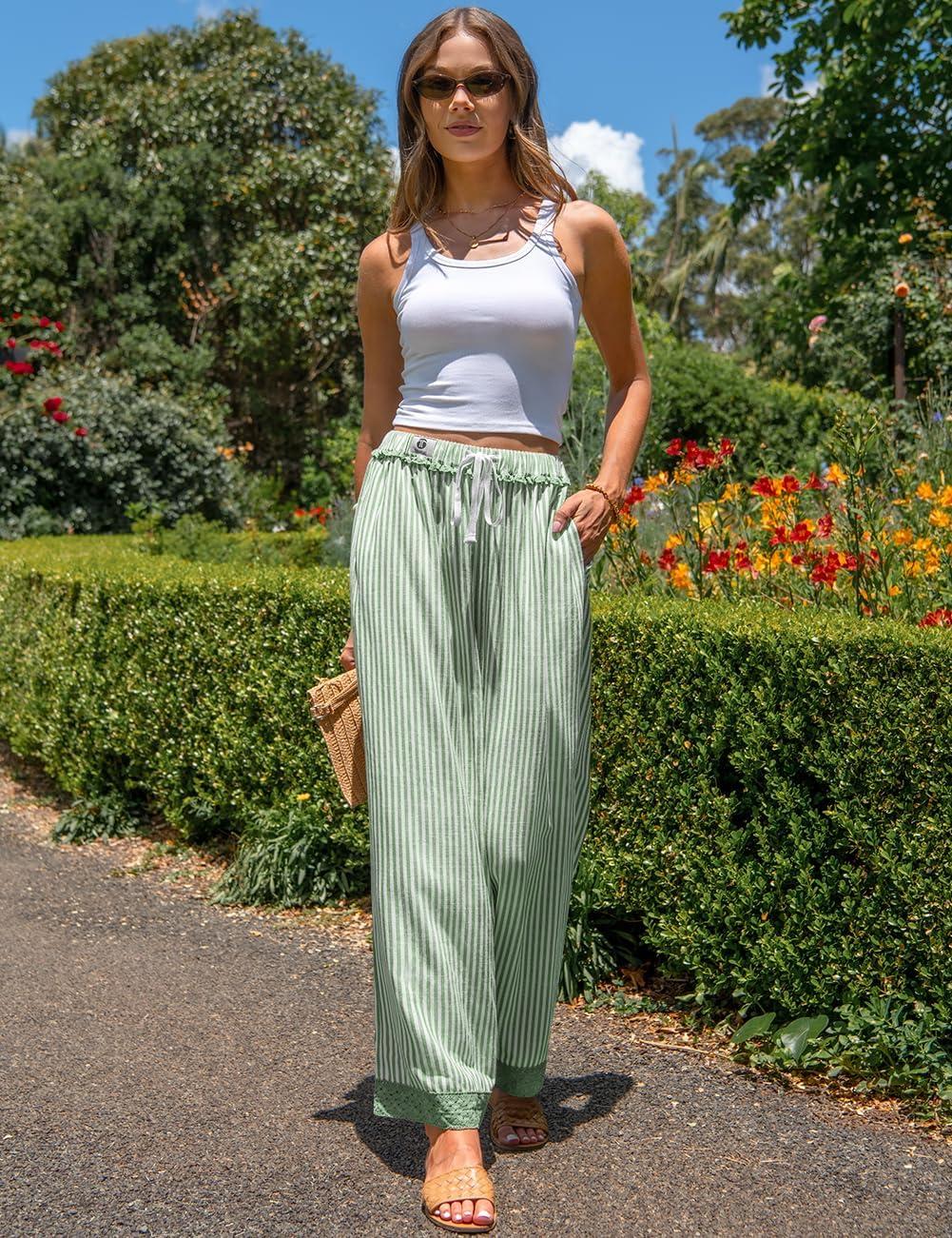 image:imageTARSE Womens Striped Lounge Pants Wide Leg Loose Fit Drawstring Casual Boho Summer Vacation Beach PantsGreen White Striped