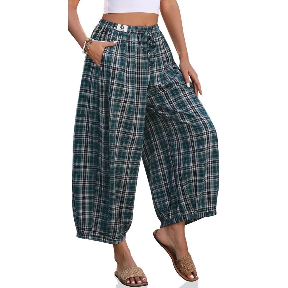 image:imageTARSE Women Cotton Linen Wide Leg Pants Plaid Loose Harem Pants Palazzo Casual Boho Summer Capri with PocketsDark Green Plaid