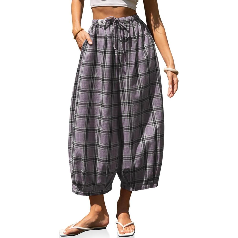 image:imageTARSE Women Cotton Linen Wide Leg Pants Plaid Loose Harem Pants Palazzo Casual Boho Summer Capri with PocketsLight Purple Plaid