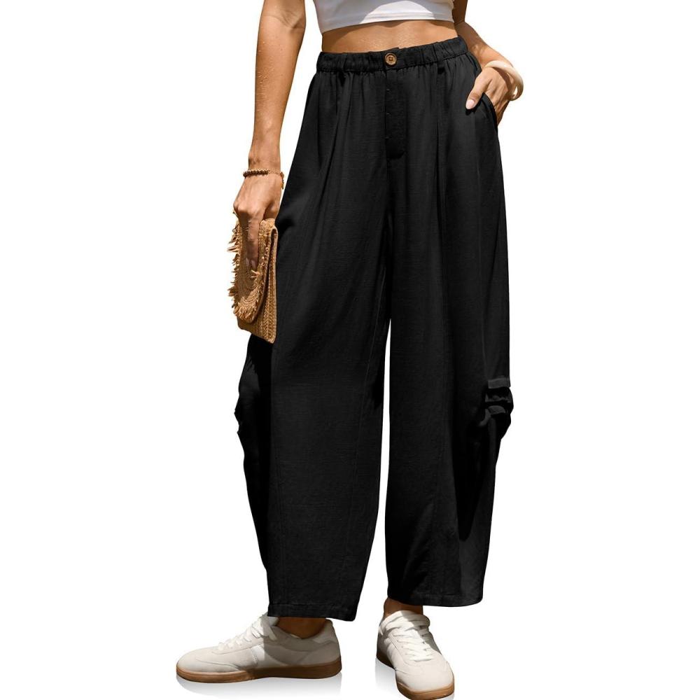 image:imageTARSE Women Linen Harem Pants Loose Fit Casual Cropped Pants Boho Summer Vacation Wide Leg Pants with PocketBlack