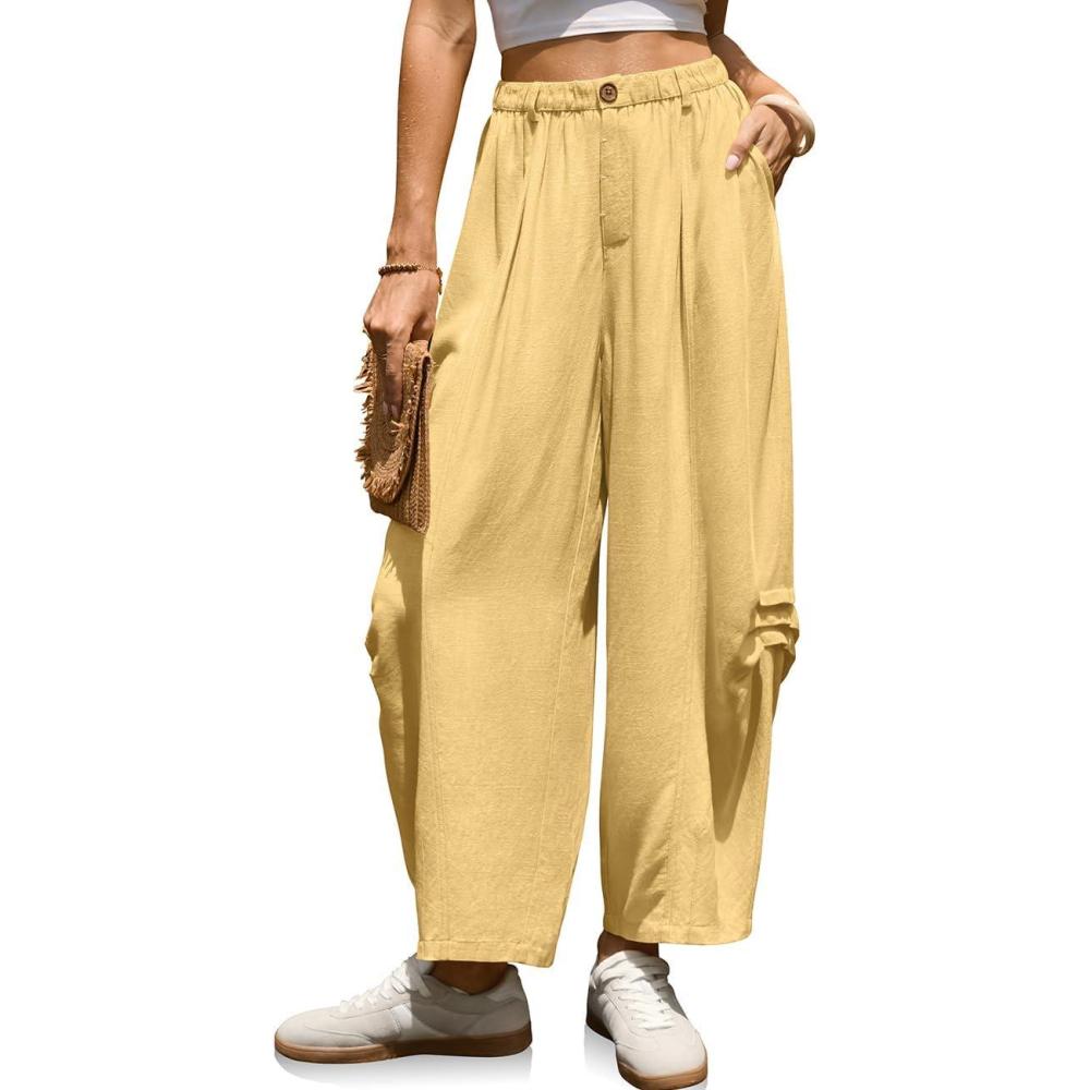 image:imageTARSE Women Linen Harem Pants Loose Fit Casual Cropped Pants Boho Summer Vacation Wide Leg Pants with PocketRust Yellow